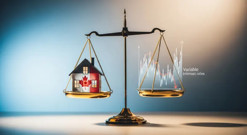 A balance scale weighing a house model against a fluctuating interest-rate graph, representing fixed versus variable mortgage rates in Canada