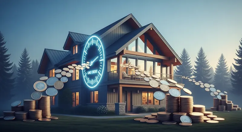 A Canadian home with coins flowing from it and a line-of-credit dial, representing borrowing against home equity with a HELOC