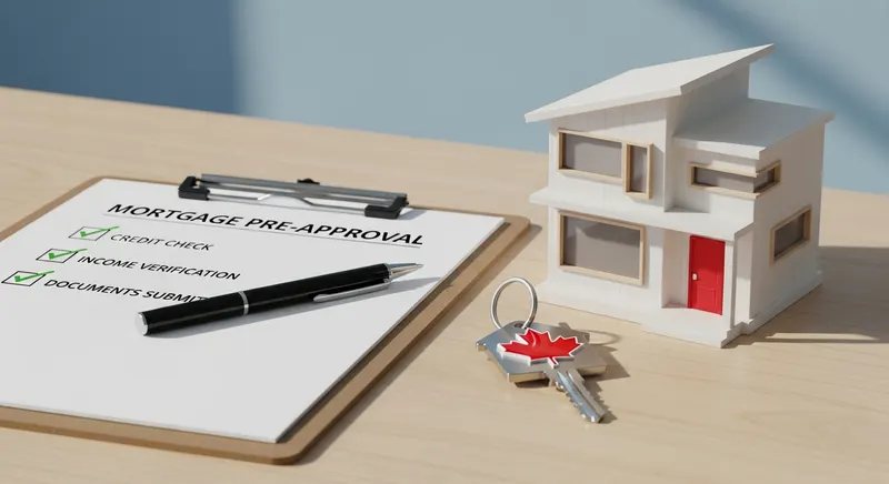 A clipboard checklist with a pen, house key, and Canadian home model, representing mortgage pre-approval