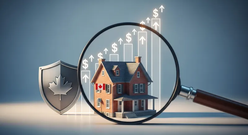 A house model under a magnifying glass beside a rising bar chart and a shield, representing the Canadian mortgage stress test