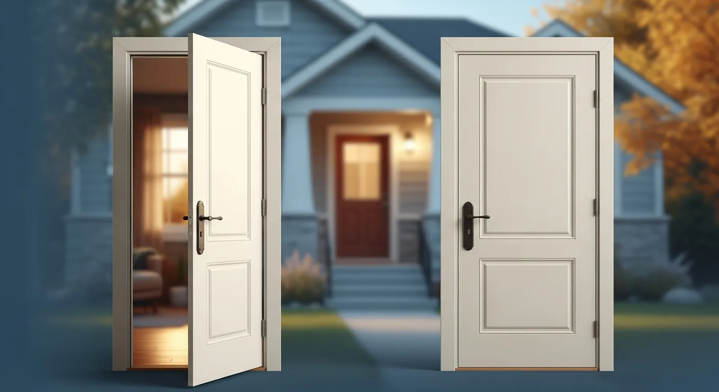 One open door and one closed door in front of a Canadian home, representing open versus closed mortgages