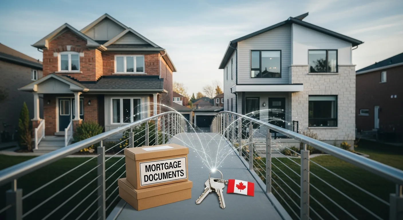 Two Canadian homes connected by a bridge with a moving box and keys, representing porting a mortgage and bridge financing