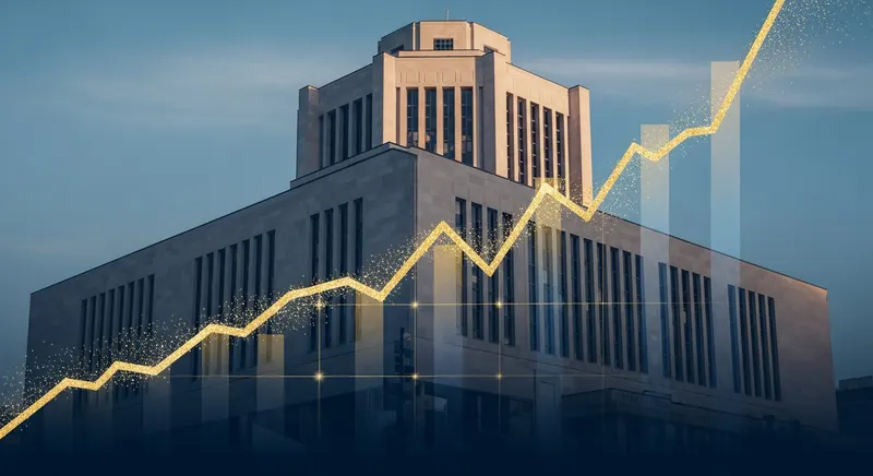 The Bank of Canada building with a rising interest-rate graph overlay