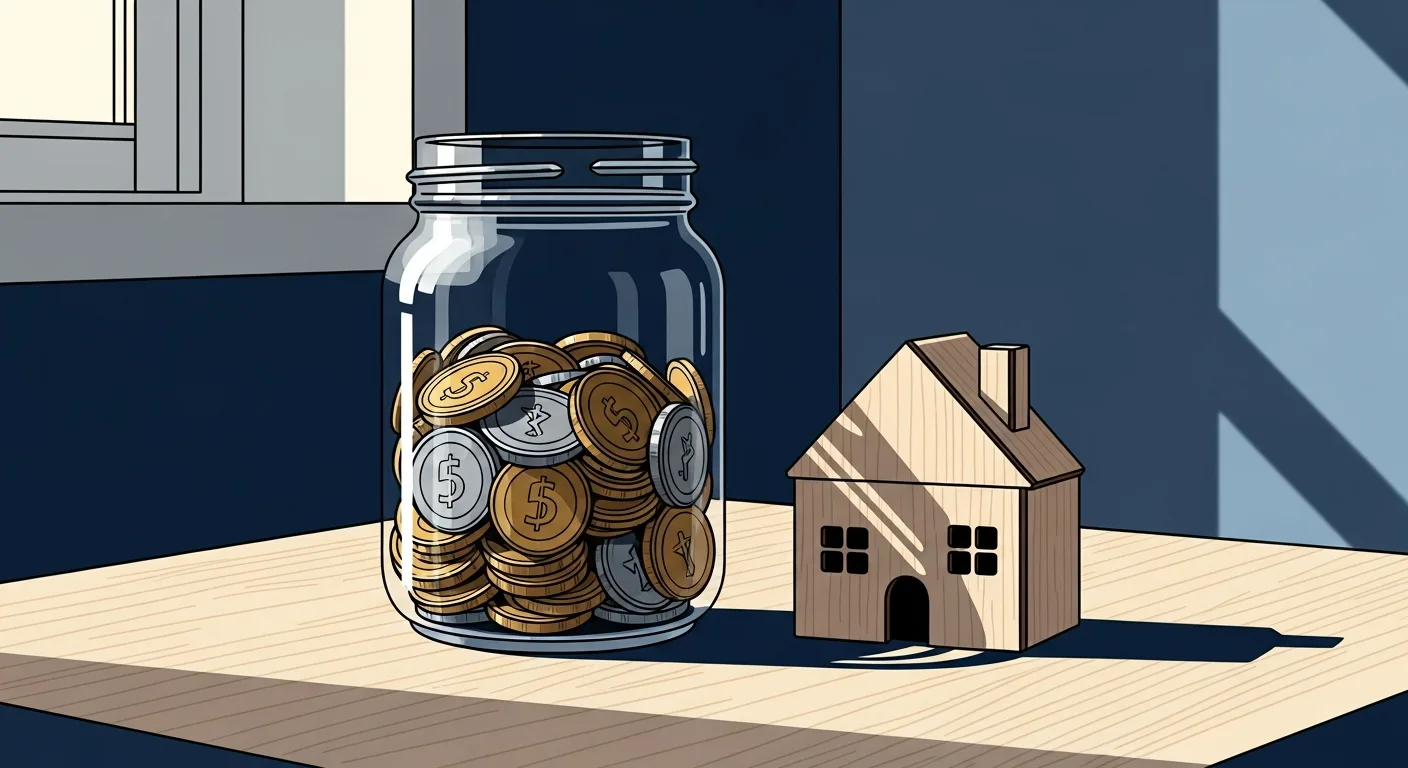 A glass jar of coins next to a small model house representing saving for a down payment