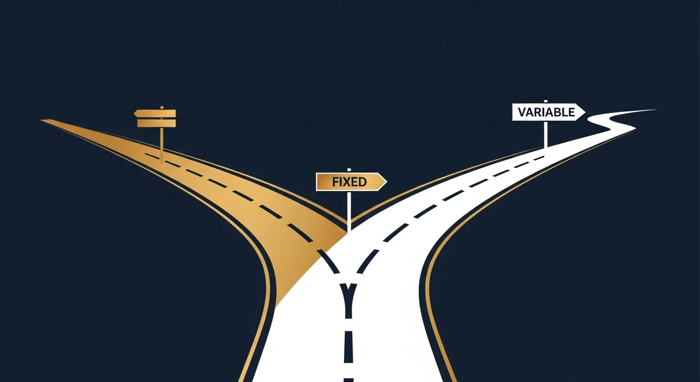 A road splitting into two paths representing fixed and variable mortgage choices