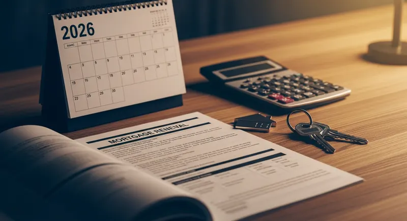 A desk with a mortgage renewal document, calendar, keys, and calculator