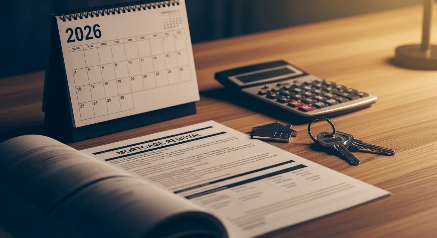 A desk with a mortgage renewal document, calendar, keys, and calculator