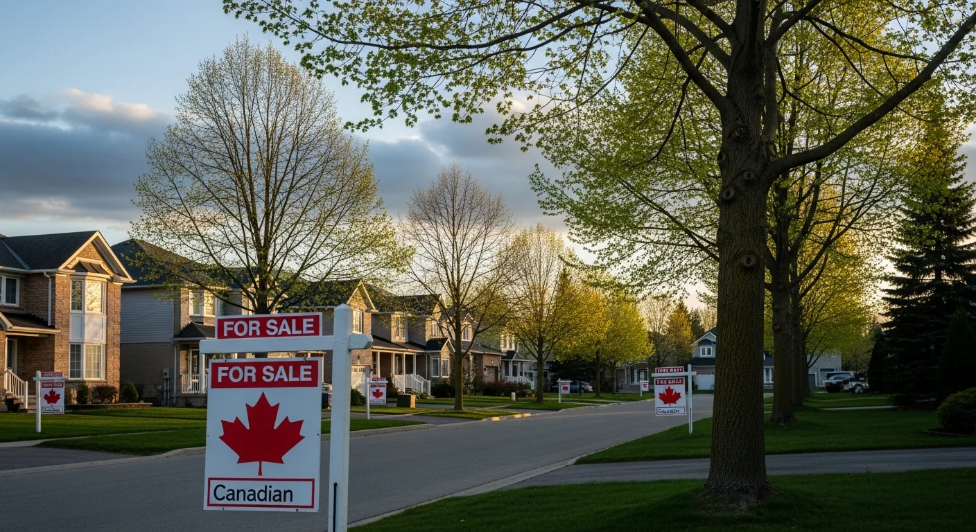 A Canadian suburban street in spring with several for-sale signs